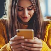Woman reviewing a product on her smartphone in a cozy living room  online shopping and customer interaction concept