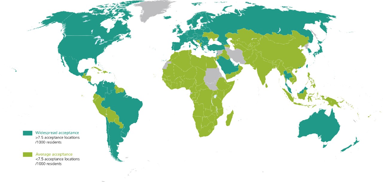 Countries where Mastercard and Visa are accepted