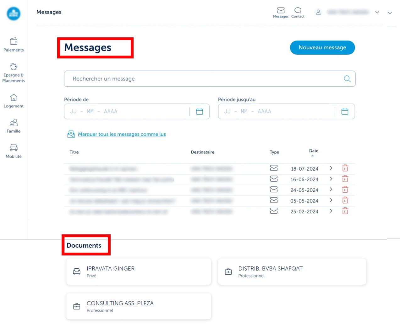 Onder 'Berichten' in KBC Brussels Touch vind je je berichten en documenten van KBC Banque & Assurance.