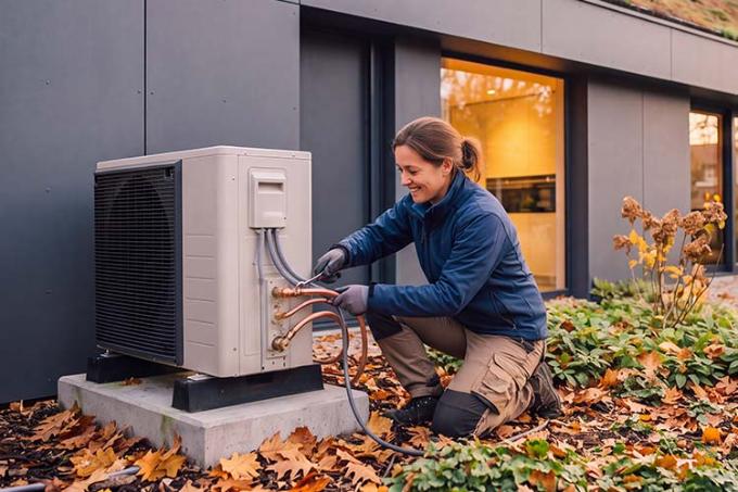 Technician installs a heat pump